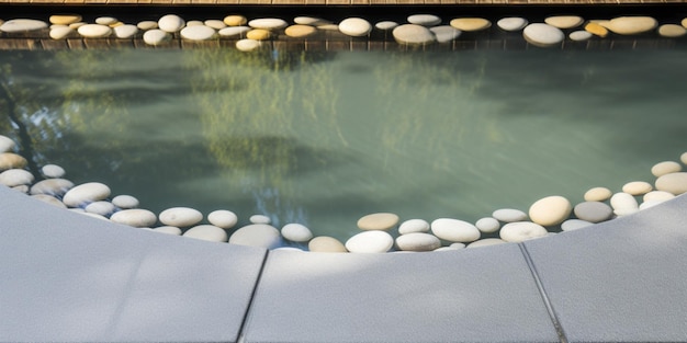 Uma piscina de pedras fica ao lado de um banco.