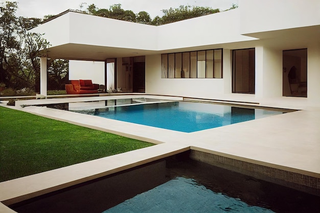 Uma piscina é mostrada em uma casa branca com um gramado verde e um sofá vermelho.