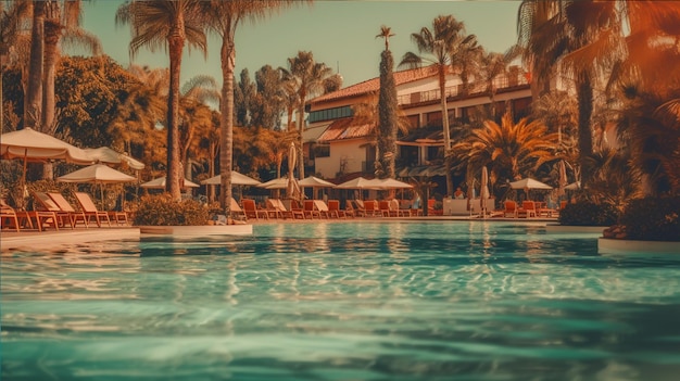 Uma piscina em frente a um hotel com palmeiras e um prédio ao fundo