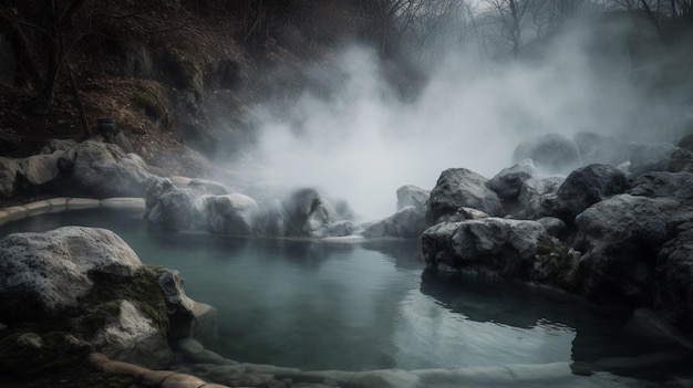 Uma piscina fumegante com uma piscina fumegante em primeiro plano e um fundo nebuloso.