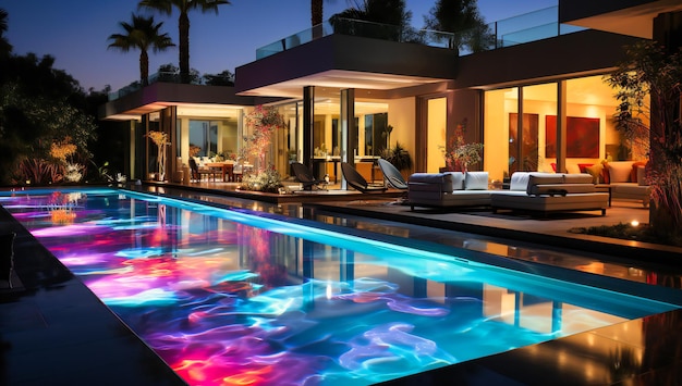 uma piscina iluminada à noite