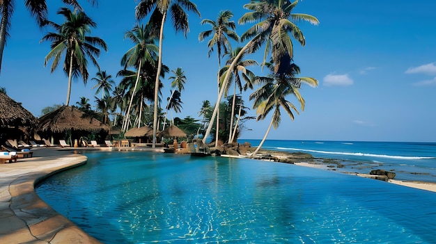 Uma piscina incrível com espreguiçadeiras e palmeiras contra o fundo do oceano azul