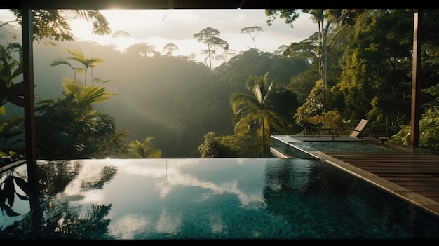 Uma piscina na selva com vista para a selva.