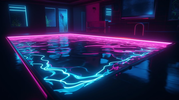Uma piscina neon em um quarto escuro com uma piscina no meio.