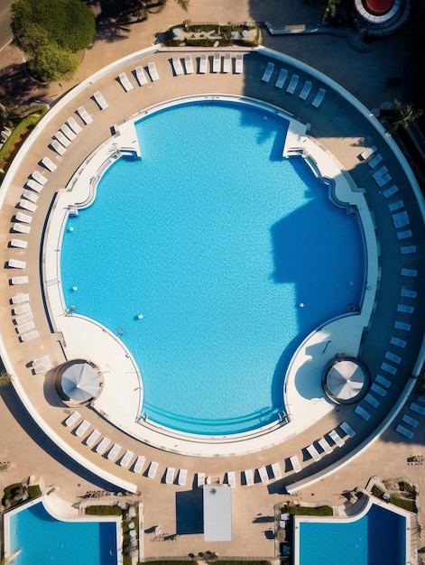 uma piscina redonda com uma piscina com uma piscina de água azul no centro