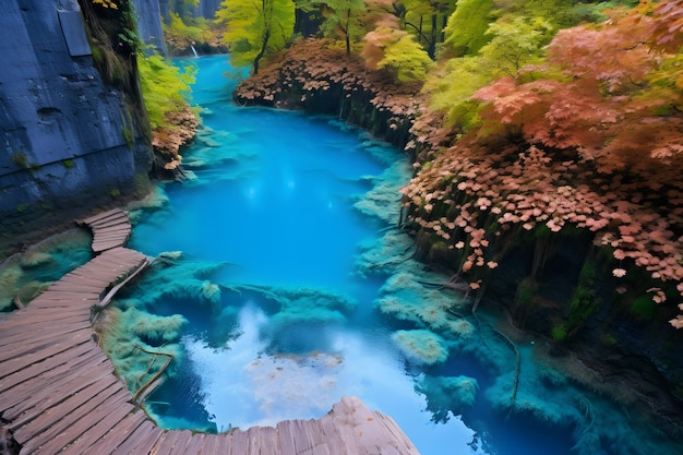Uma piscina serena aninhada entre árvores exuberantes acessada por uma passarela de madeira