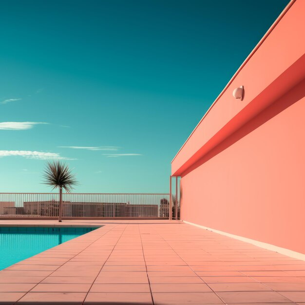 uma piscina vazia ao lado de um prédio rosa