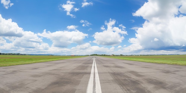 Uma pista com um céu azul e nuvens