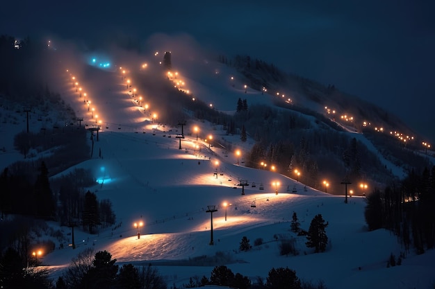 Uma pista de esqui brilhantemente iluminada adornada em espessas camadas de neve sob a cobertura da escuridão Pistas de esqui iluminadas contra um céu de inverno escuro AI Gerado