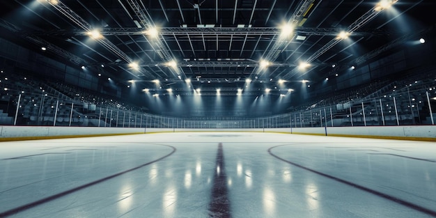 Foto uma pista de hóquei com luzes que iluminam o gelo ideal para desenhos com temas desportivos e materiais promocionais