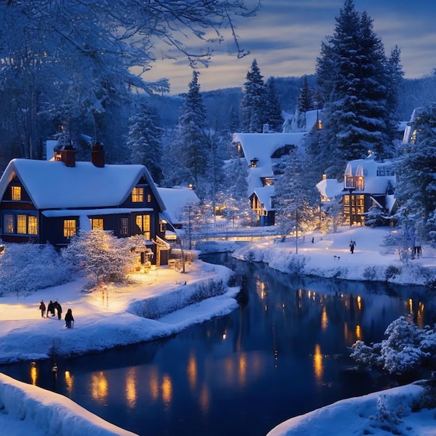 Foto uma pitoresca aldeia coberta de neve ao anoitecer a cena apresenta luzes cintilantes de casas aconchegantes