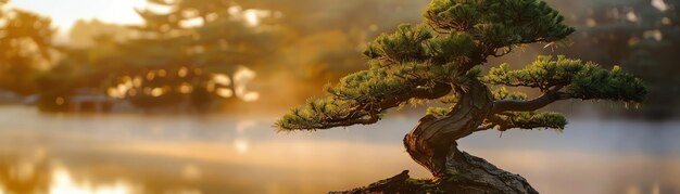 Foto uma pitoresca árvore de bonsai em um jardim japonês sereno ao amanhecer com uma suave iluminação dourada