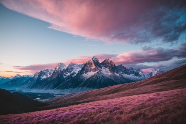 Uma pitoresca cadeia de montanhas ao pôr do sol com o céu pintado em tons de azul e rosa como o azul