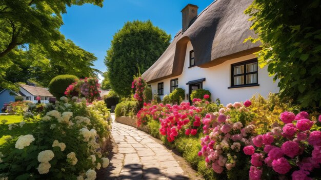 Uma pitoresca casa branca com um telhado de palha no meio de uma variedade colorida de flores em flor