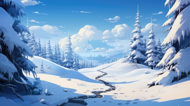 uma pitoresca cena de floresta nevada com um rastro de pegadas levando a uma cabana escondida