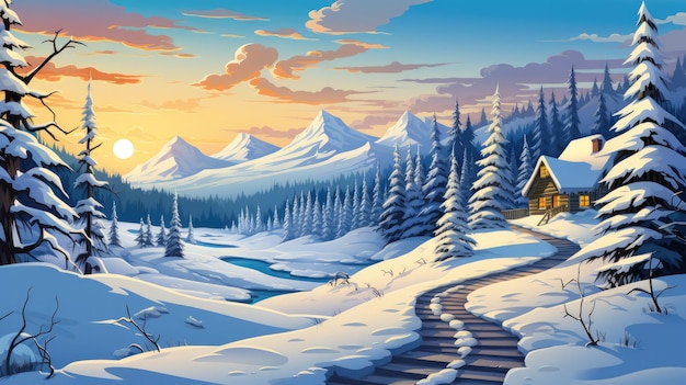 uma pitoresca cena de floresta nevada com um rastro de pegadas levando a uma cabana escondida
