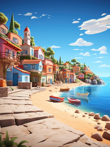 Uma pitoresca cidade costeira com casas coloridas, uma praia de areia e veleiros