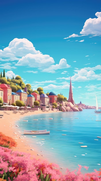 Uma pitoresca cidade costeira com casas coloridas, uma praia de areia e veleiros
