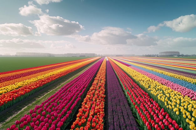 Uma pitoresca extensão de tulipas em plena floração pintando a paisagem com tons vibrantes captura o