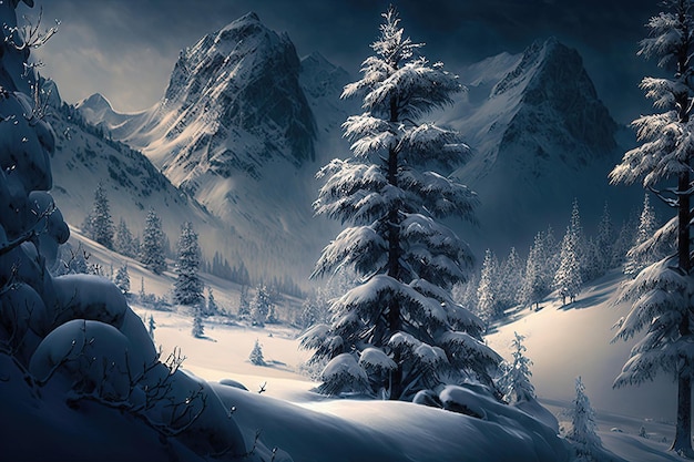 Uma pitoresca floresta de inverno com árvores cobertas de neve e um colorido pôr do sol ao fundo Gerado por IA