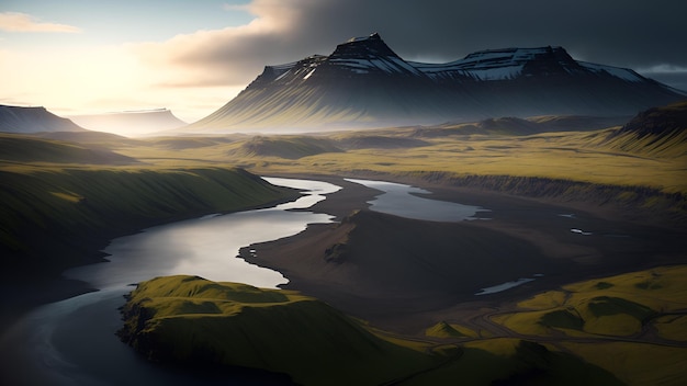 Uma pitoresca paisagem irlandesa com um rio contra o pano de fundo de montanhas escarpadas pela manhã ao nascer do sol Geração AI