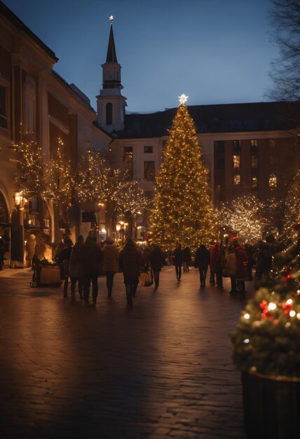 uma pitoresca praça da cidade cheia de luzes, decorações e uma grande árvore de Natal