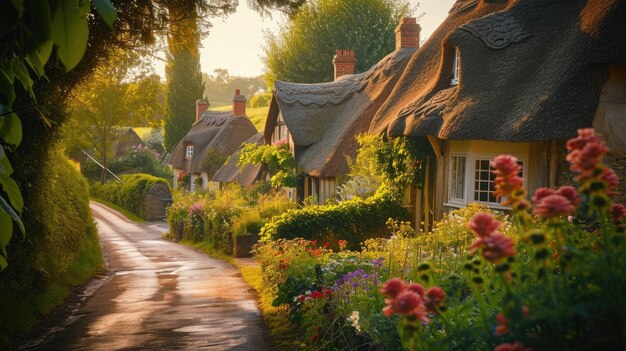 Uma pitoresca rua de uma aldeia inglesa com casas de palha resplandecentes.