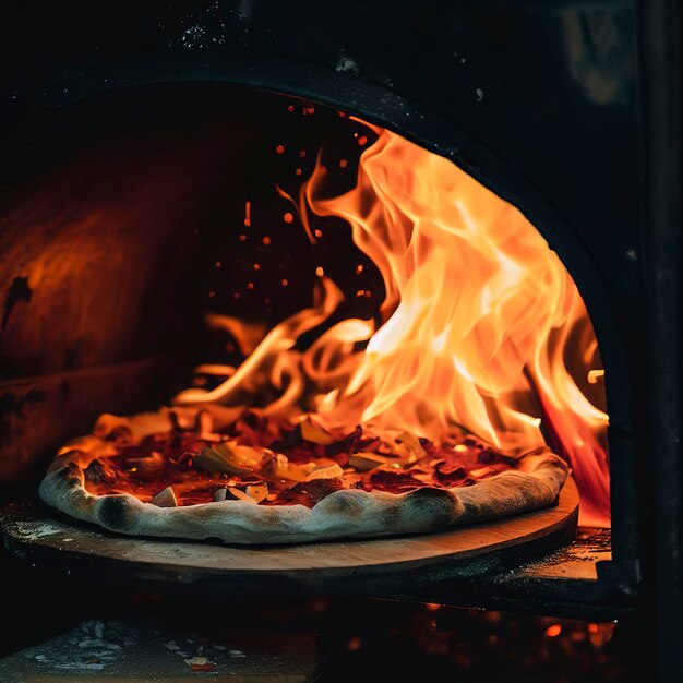 Uma pizza a lenha está sendo assada em um forno a lenha