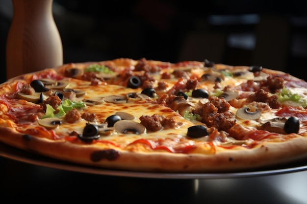 Uma pizza com azeitonas e queijo