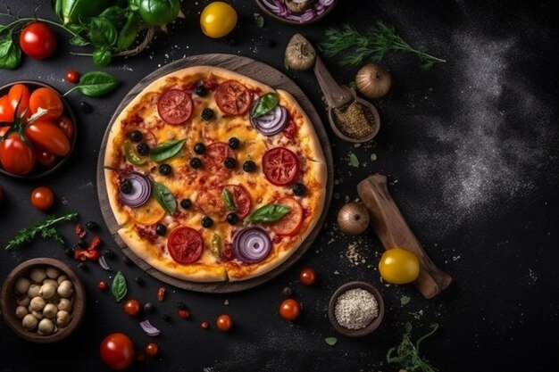 Uma pizza com azeitonas, tomates e azeitonas em um fundo preto.