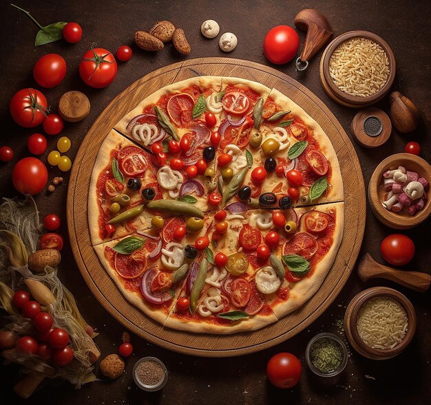Uma pizza com azeitonas, tomates e azeitonas em uma mesa de madeira.