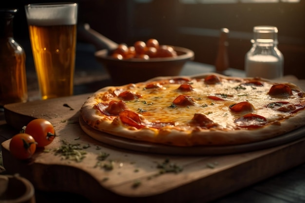 Uma pizza com calabresa ao lado de um copo cheio de cerveja.