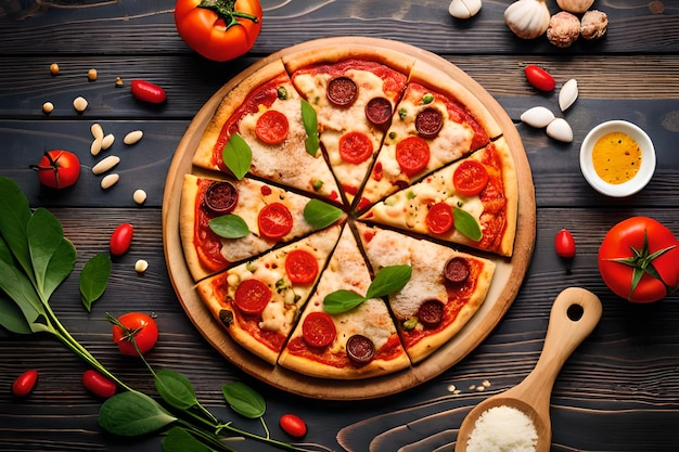 Uma pizza com calabresa e manjericão em uma mesa de madeira.