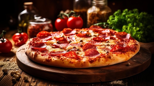 Uma pizza com calabresa e outros ingredientes sobre uma mesa.