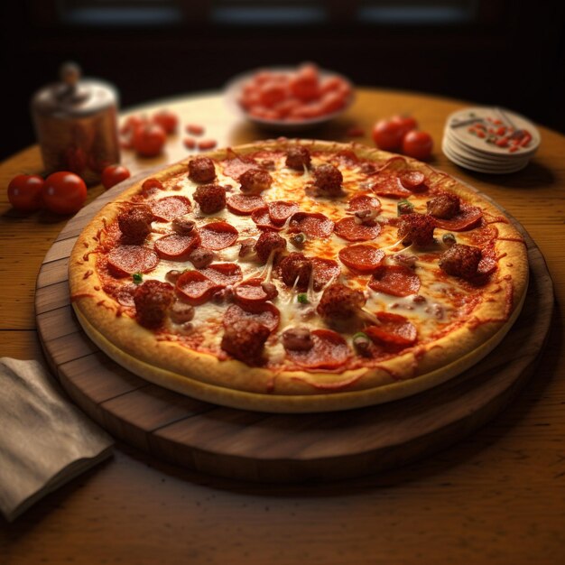 Uma pizza com calabresa e queijo em uma mesa de madeira.