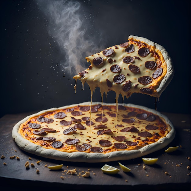 Uma pizza com calabresa e queijo sendo transformada em uma pizza.