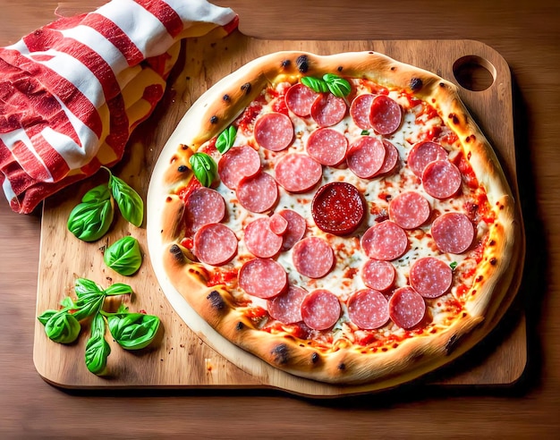 Uma pizza com calabresa e uma toalha ao lado