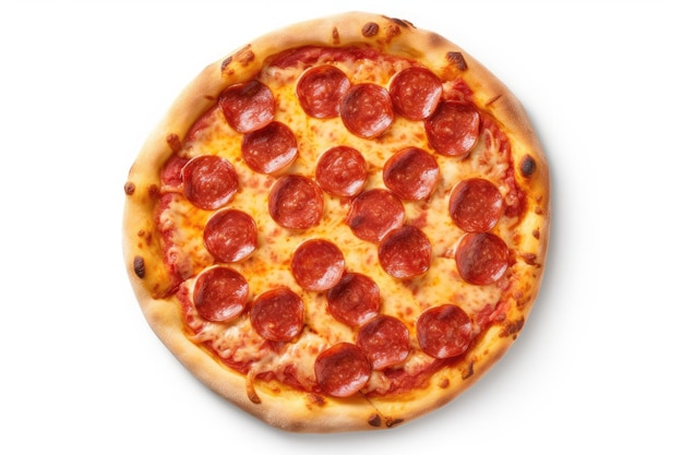 Uma pizza com calabresa está sobre um fundo branco.