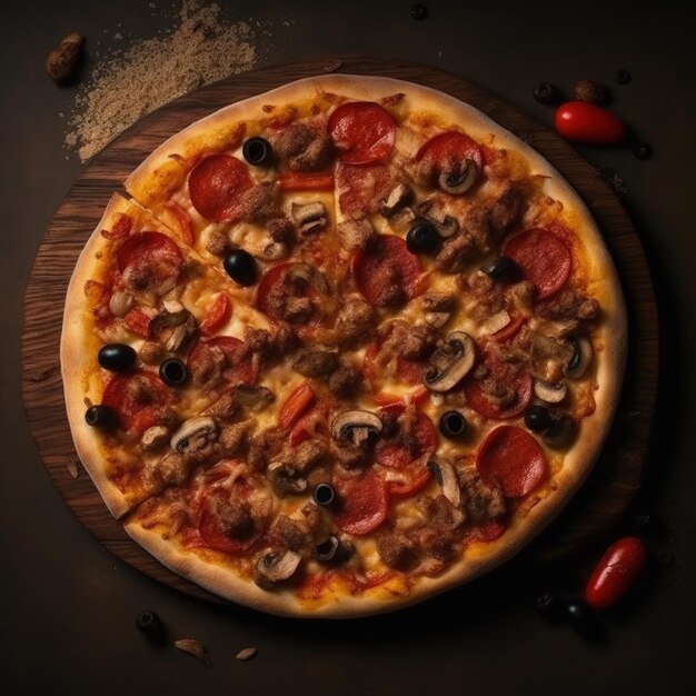 Foto uma pizza com carne, azeitonas e cogumelos em uma tábua de madeira.