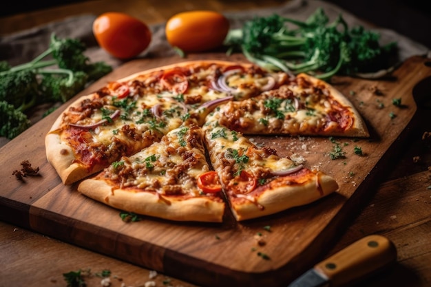 Uma pizza com carne e queijo