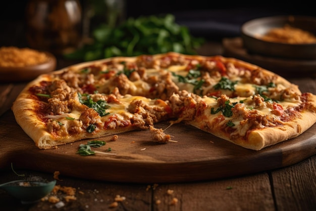 Uma pizza com carne e queijo