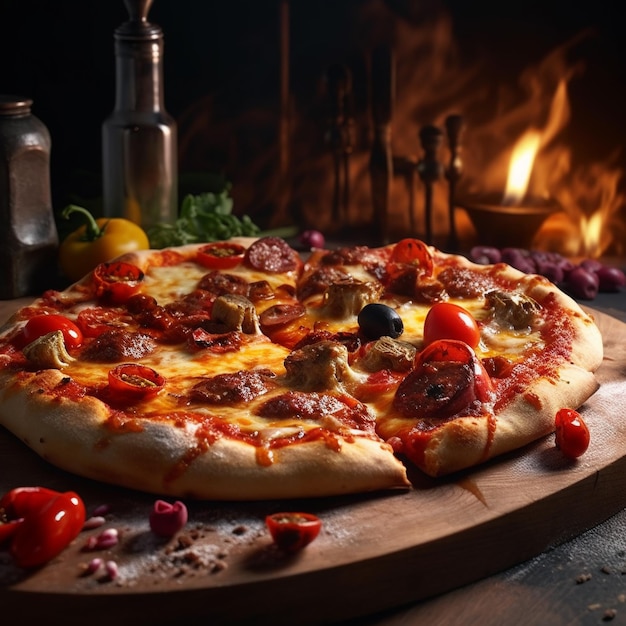 Uma pizza com carne, queijo e azeitonas