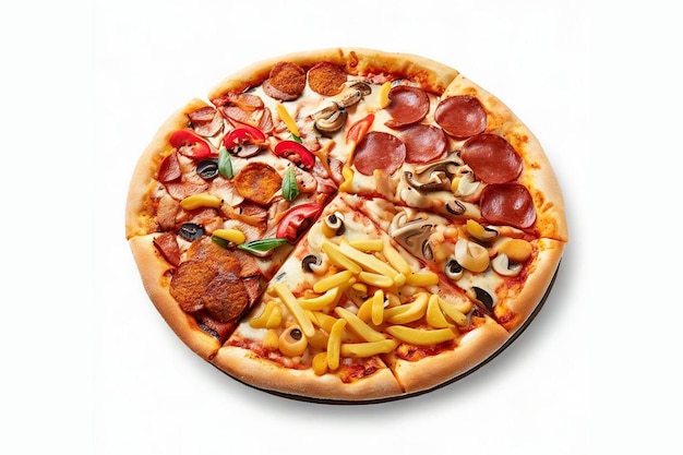 Uma pizza com coberturas diferentes, incluindo pizza, batatas fritas e cogumelos.