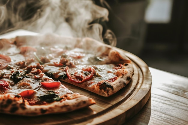 Uma pizza com coberturas em uma tábua de madeira sentada na frente do vapor ai