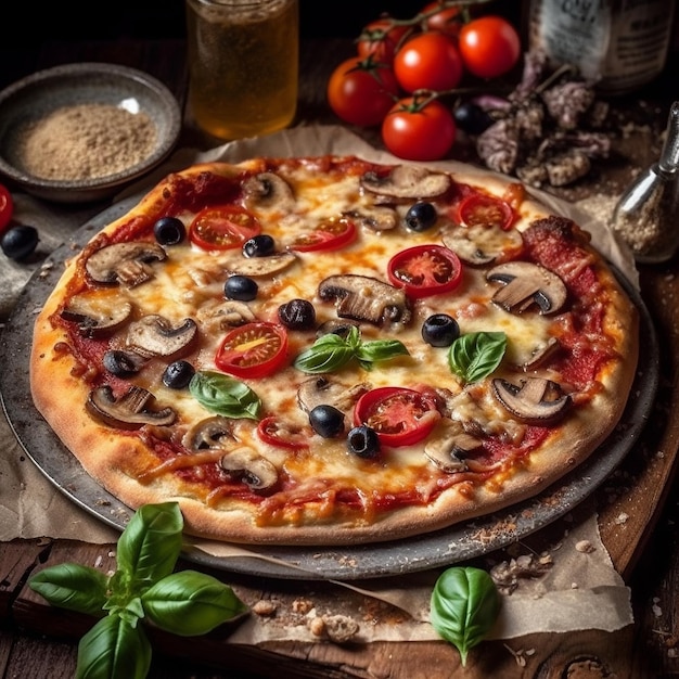 Uma pizza com cogumelos, azeitonas e cogumelos em uma superfície de madeira.