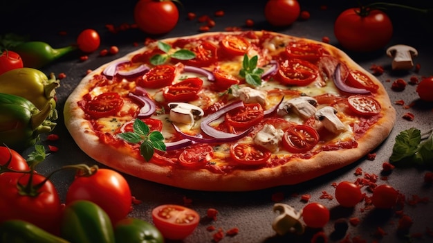 Uma pizza com cogumelos, tomates e cogumelos em um fundo preto