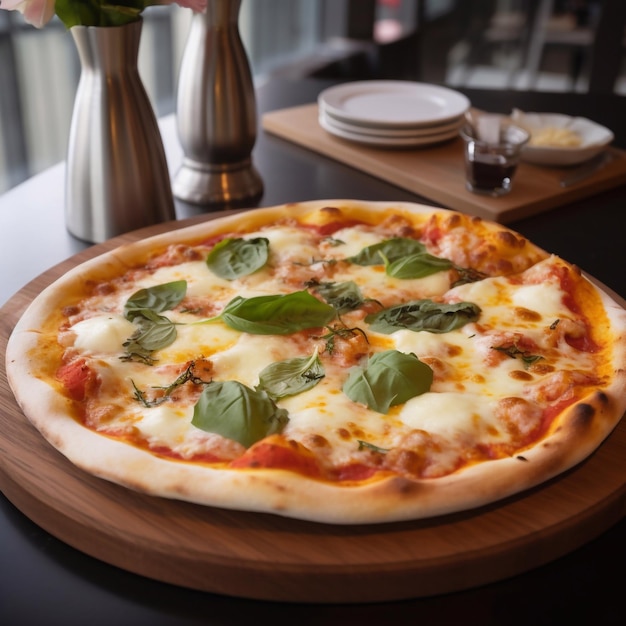 Uma pizza com folhas de manjericão em uma placa de madeira.