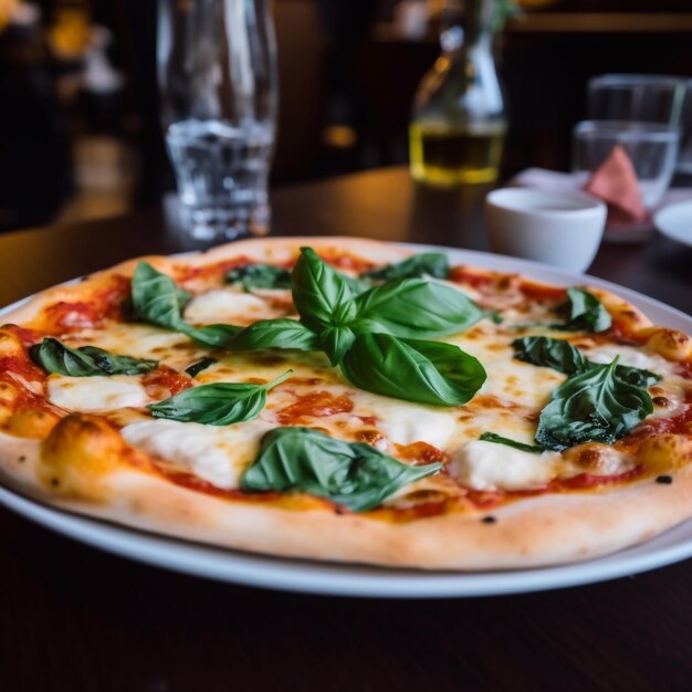 Uma pizza com folhas de manjericão sobre uma mesa.