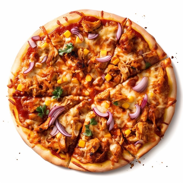 Uma pizza com frango e cebola roxa