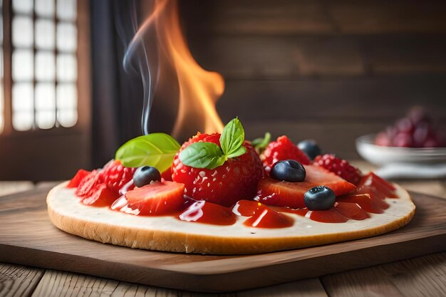 Uma pizza com frutas sobre ela com uma chama queimando nela.